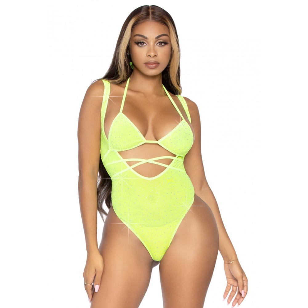 Leg Avenue - Rhinestone Mesh Bodysuit - Geel